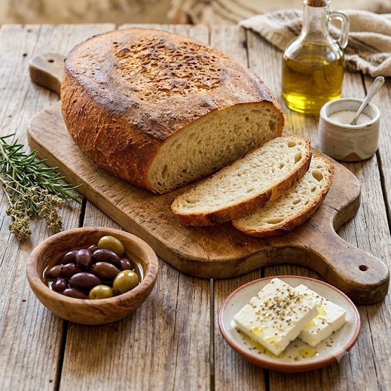 Choriatiko Psomi - das typische Landbrot der Mani - aus goldgelbem Durum Weizen.